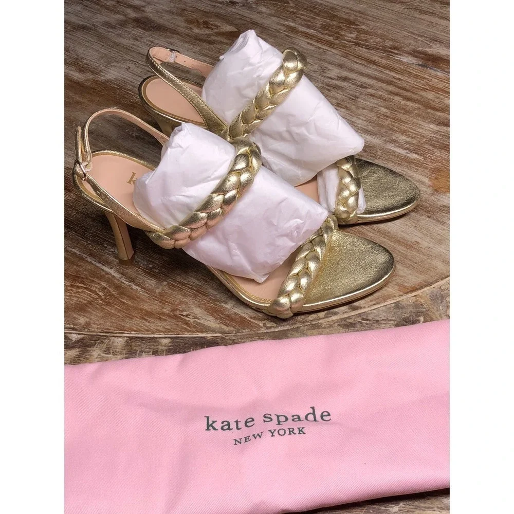 Kate Spade Saffron Heels Slingback Antique Gold Metallic Leather NEW 7 US